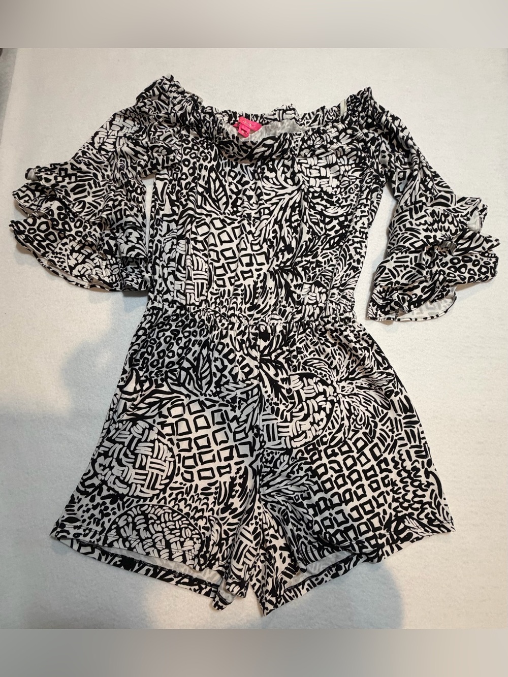 Lilly Pulitzer Black & White Off-Shoulder Printed Romper